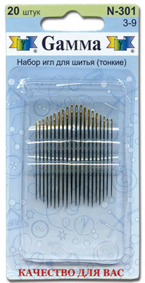 Иглы для шитья ручные "Gamma" N-301 для шитья №3-9 в блистере 20 шт. - фото и цены в Минске