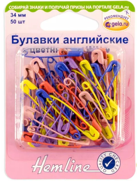 Булавки английские 34 мм, 50 шт  цветные: красный, синий, розовый, желтый, фиолетовый. Hemline арт. 414.AC/G002 - фото и цены в Минске